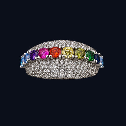 A silver-tone ring with a rainbow of CZ stones