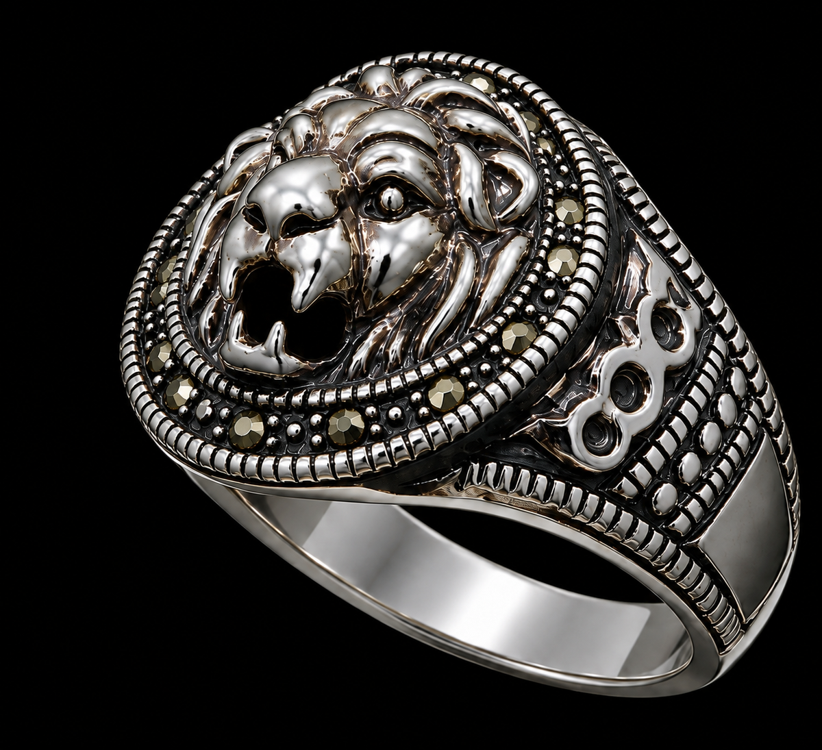 A silver ring with a lion's head motif and CZ stones, set against a dark background.