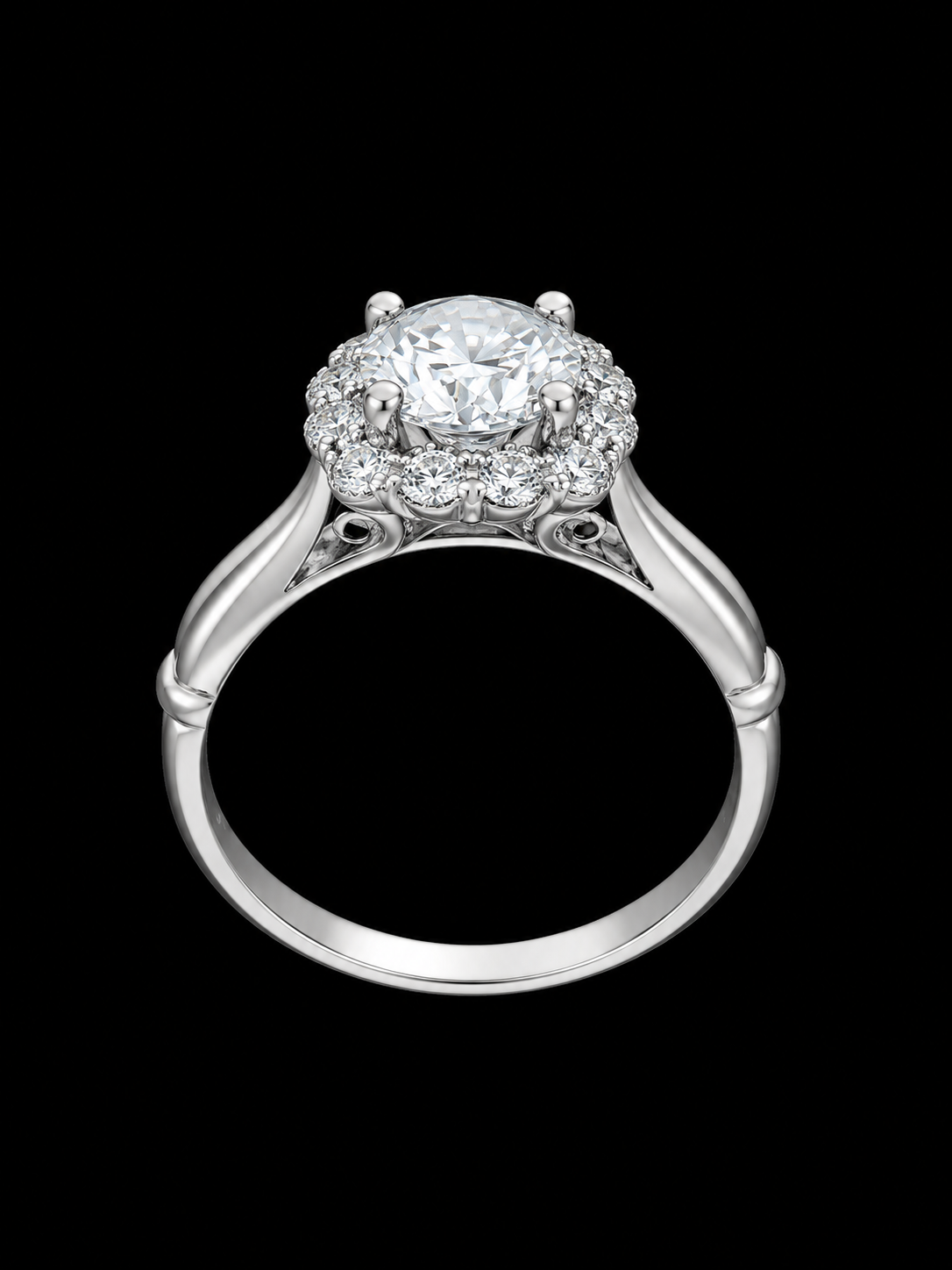 A silver ring with a large CZ stone in the center and a halo of smaller CZ stones around it.