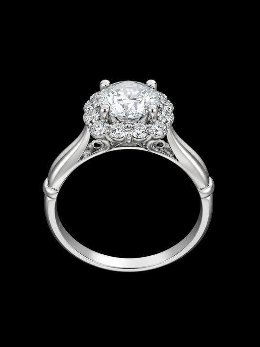 A silver ring with a large CZ stone in the center and a halo of smaller CZ stones around it.