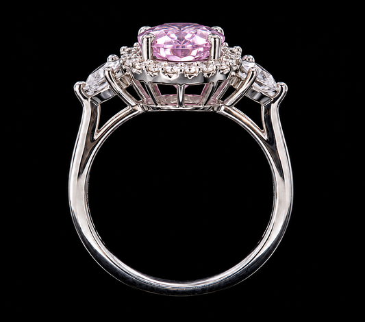 A silver ring with a pink CZ stone and clear CZ accents
