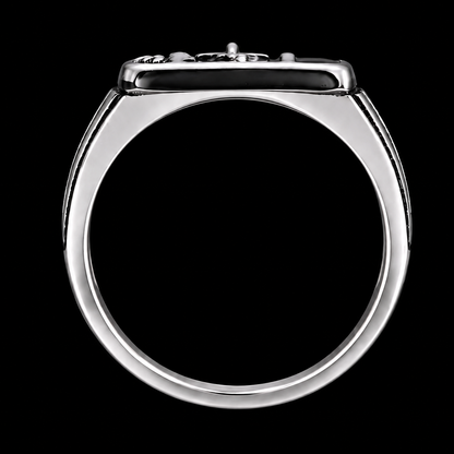 A silver ring with a row of CZ stones on a black background