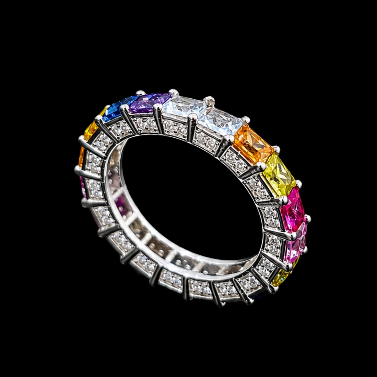 A multicolored CZ ring with a silver-tone band, featuring a geometric design.