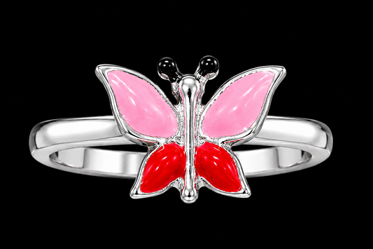 A silver ring with a pink and red enamel butterfly design