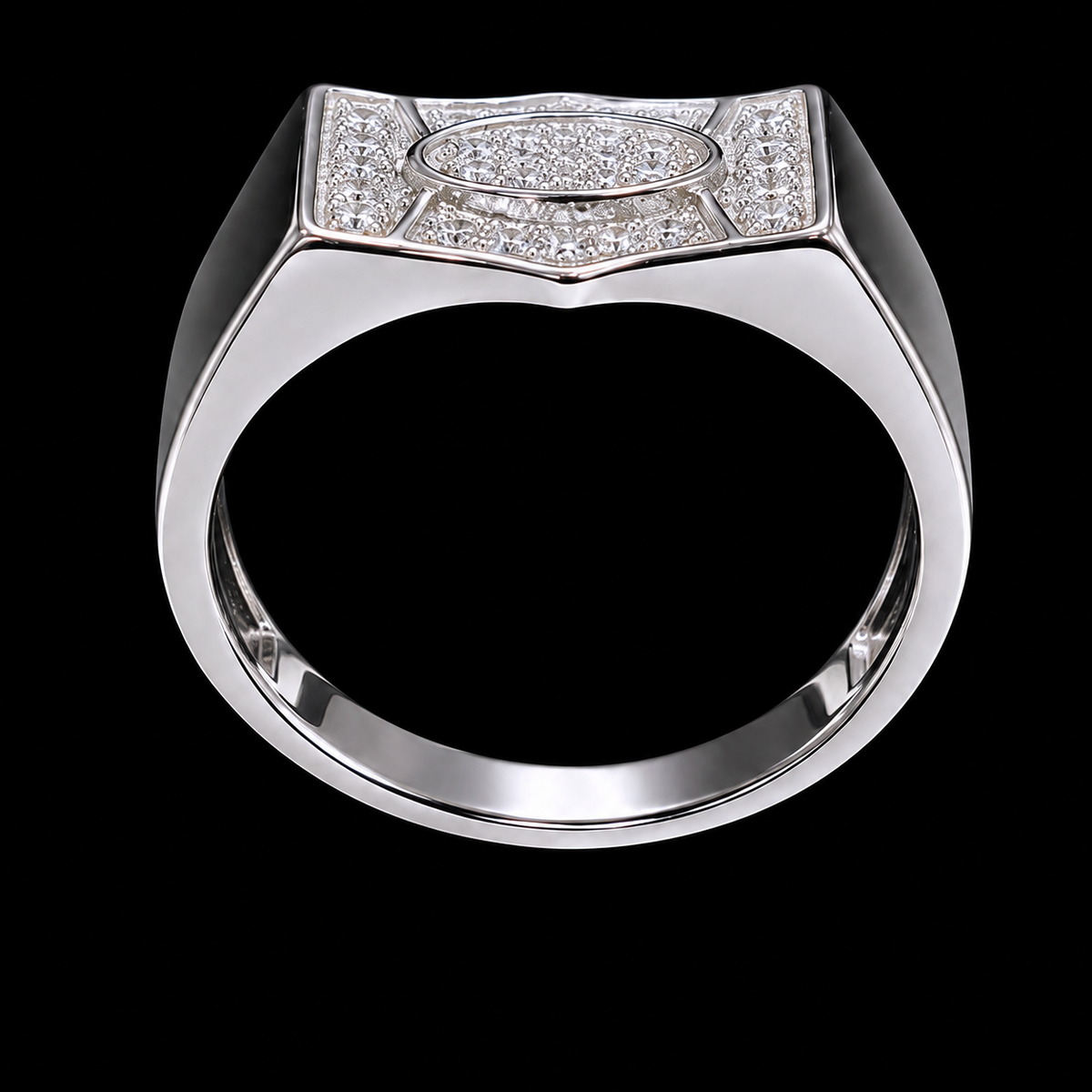 A silver ring with clear cubic zirconia stones in a geometric design.