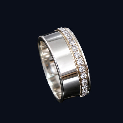 A silver band with CZ stones set in a simple yet stylish design.