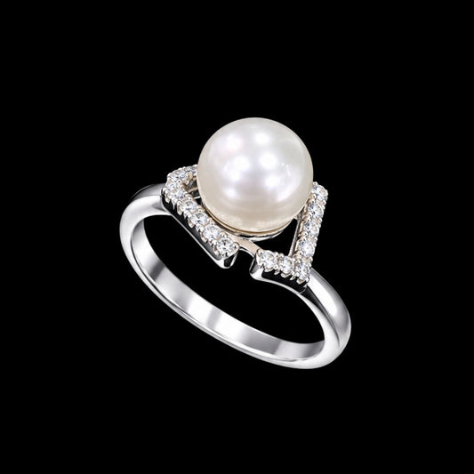 A silver ring with a pearl and CZ stones on a black background.