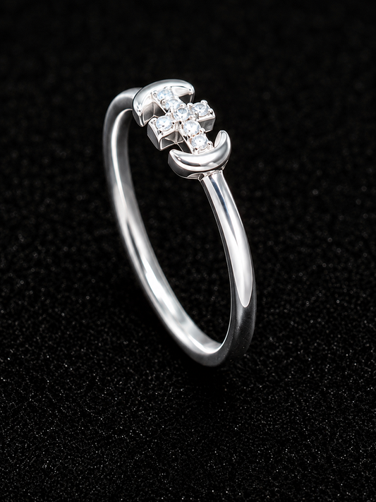 A silver ring with a row of clear cubic zirconia stones.