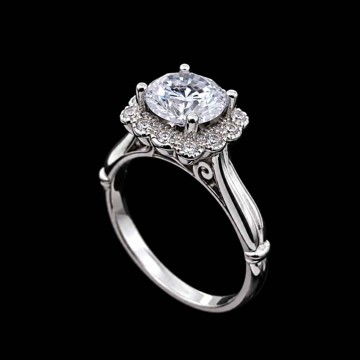 A silver ring with a large round-cut cubic zirconia stone and smaller stones surrounding it, set in a floral design.