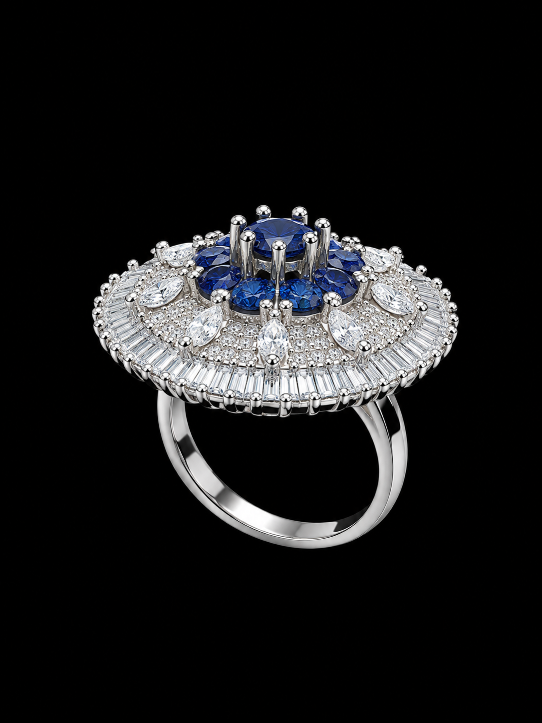A silver-tone ring with a blue CZ centerpiece and white CZ stones.