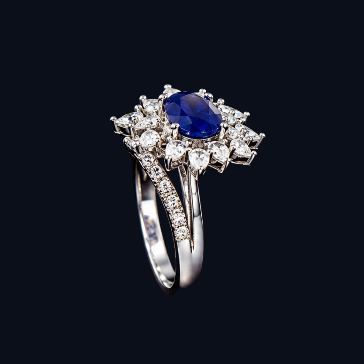 A silver-tone ring with a blue sapphire stone and CZ stones, set in a floral design.