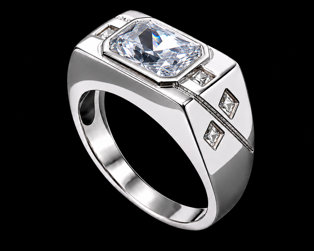 A silver ring with a large, rectangular-cut clear CZ stone and smaller CZ stones on the sides.