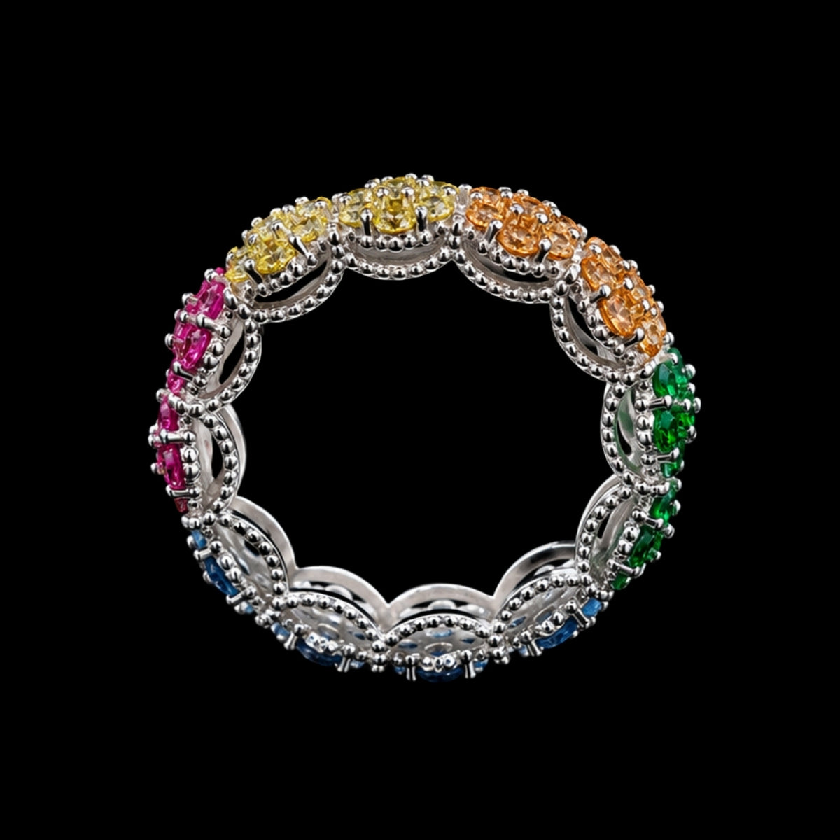 A silver ring with CZ stones in a delicate design