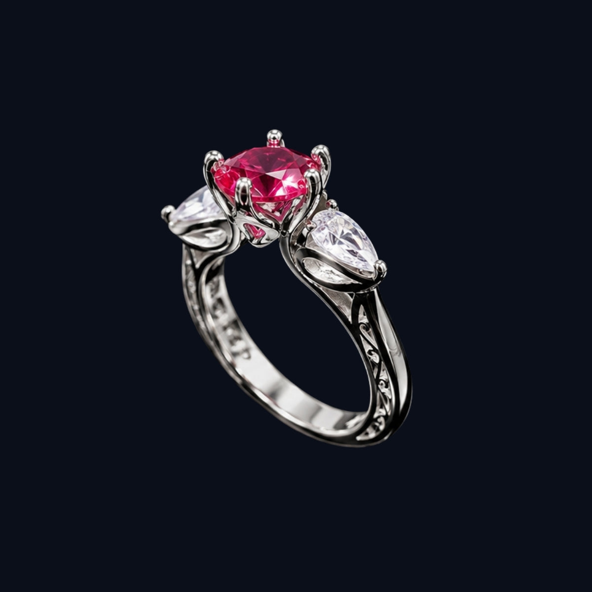 A silver ring with a pink CZ stone in the center and two white CZ stones on either side.