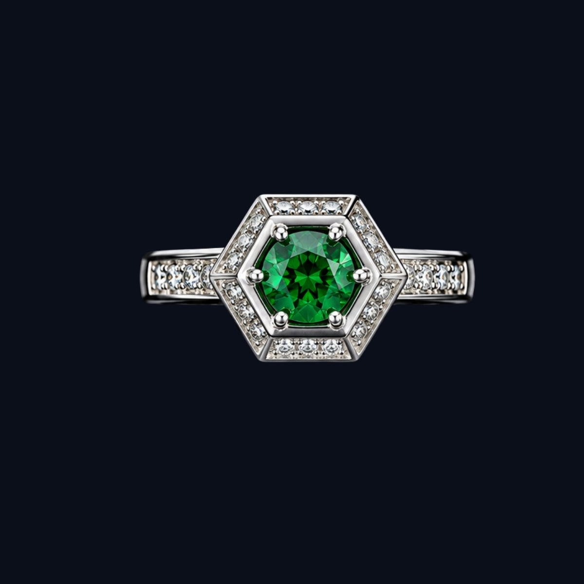 A silver-tone ring with a hexagonal design and green CZ stone, surrounded by clear CZ stones.