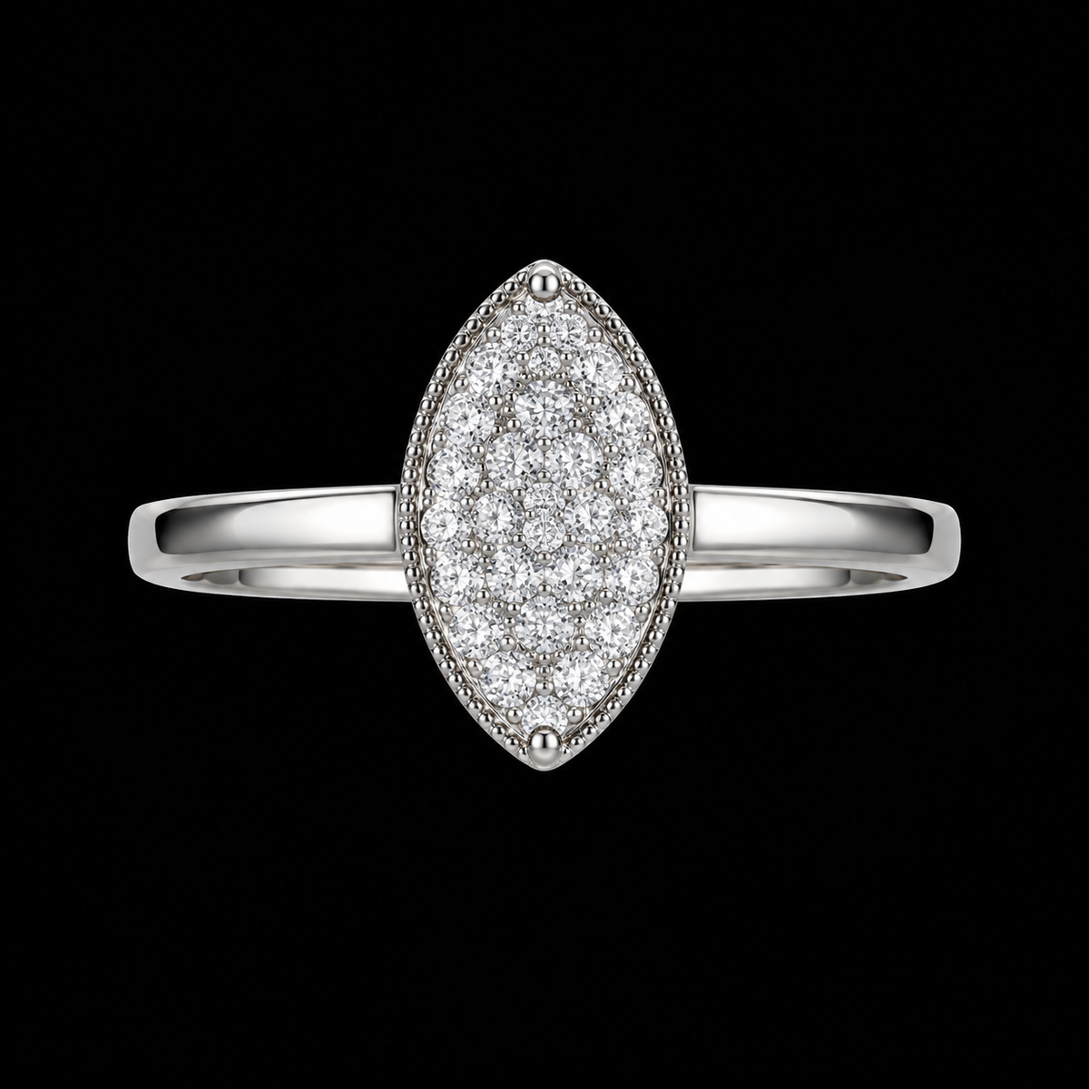 A marquise-shaped ring with a cluster of clear cubic zirconia stones, set in a silver-tone metal band.