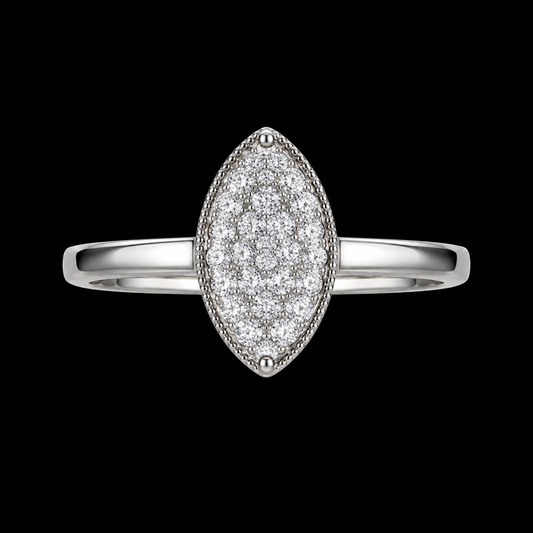 A marquise-shaped ring with a cluster of clear cubic zirconia stones, set in a silver-tone metal band.