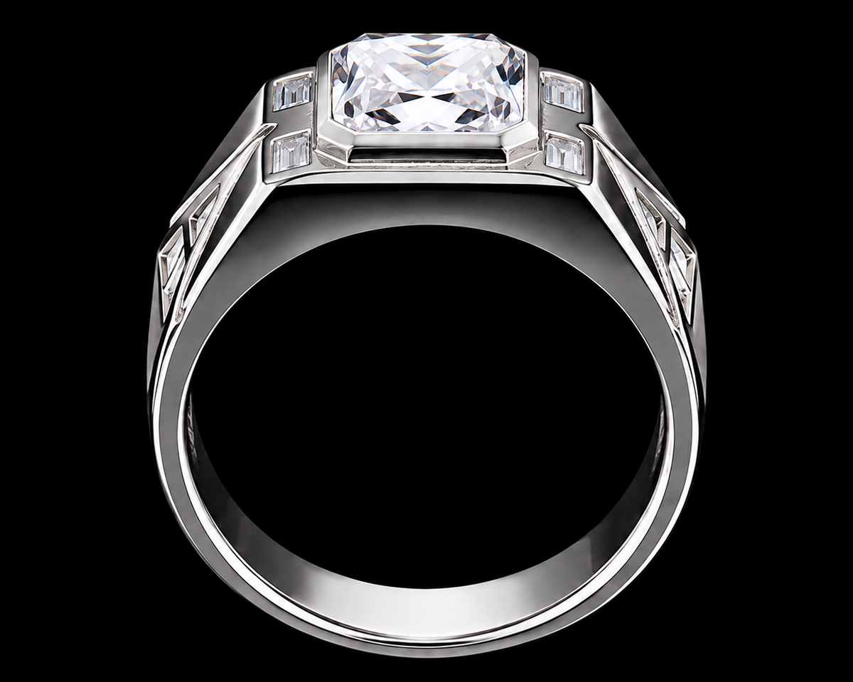 A silver-tone ring with a large cubic zirconia stone and smaller stones on either side.
