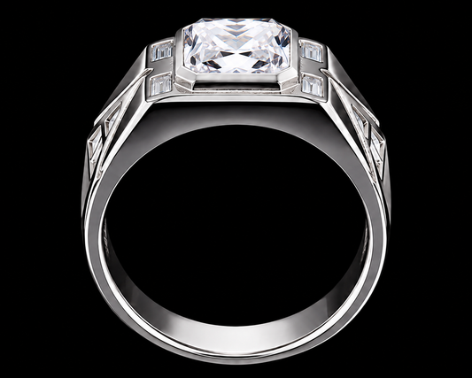 A silver-tone ring with a large cubic zirconia stone and smaller stones on either side.