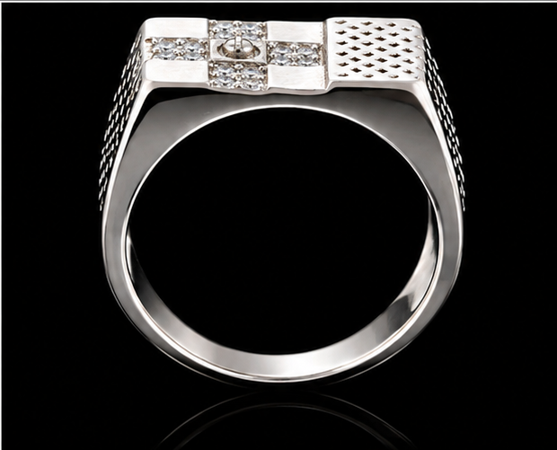 A silver ring with a row of clear cubic zirconia stones on the top band.