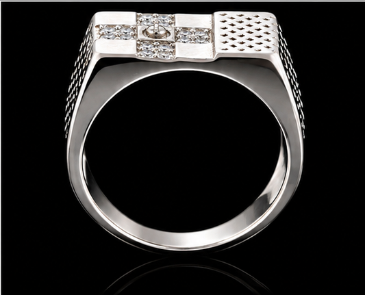 A silver ring with a row of clear cubic zirconia stones on the top band.