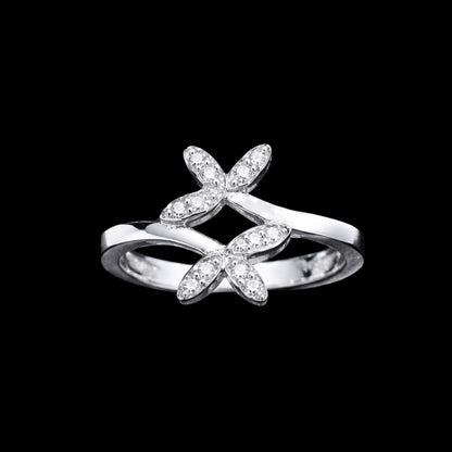 A silver ring with a butterfly design and clear CZ stones.