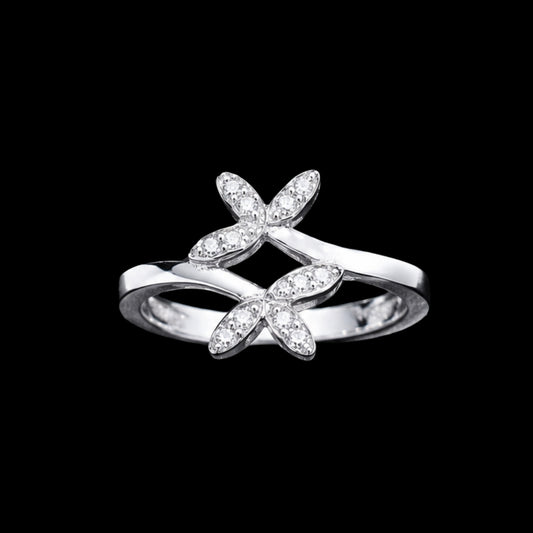 A silver ring with a butterfly design and clear CZ stones.