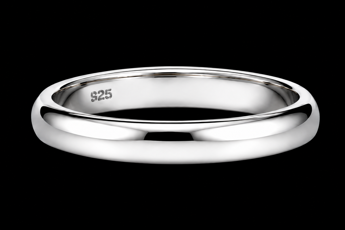 A silver ring with a smooth, rounded band.