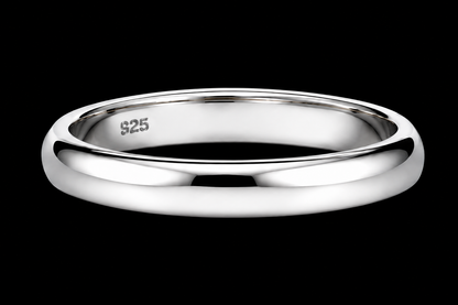 A silver ring with a smooth, rounded band.