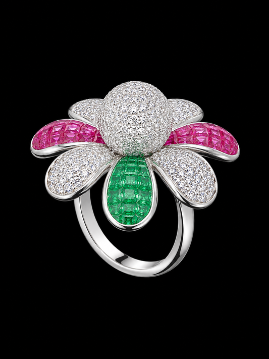 A silver-tone ring with a flower design and CZ stones.