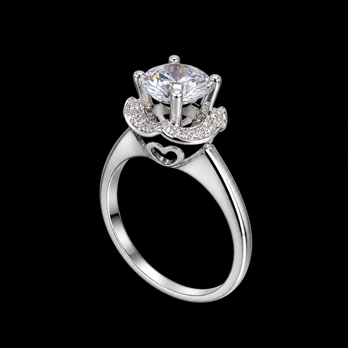 A silver ring with a large CZ stone and heart design