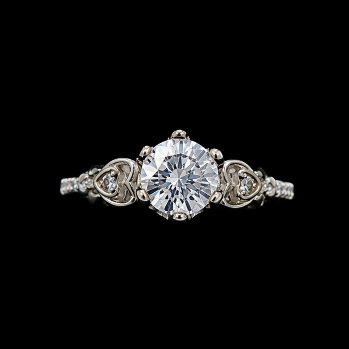 A silver ring with a large round-cut CZ stone and filigree design.