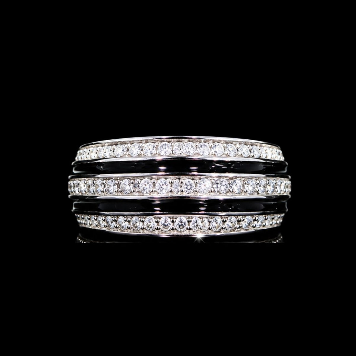 A silver ring with a row of clear cubic zirconia stones.