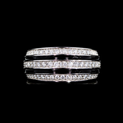 A silver ring with a row of clear cubic zirconia stones.