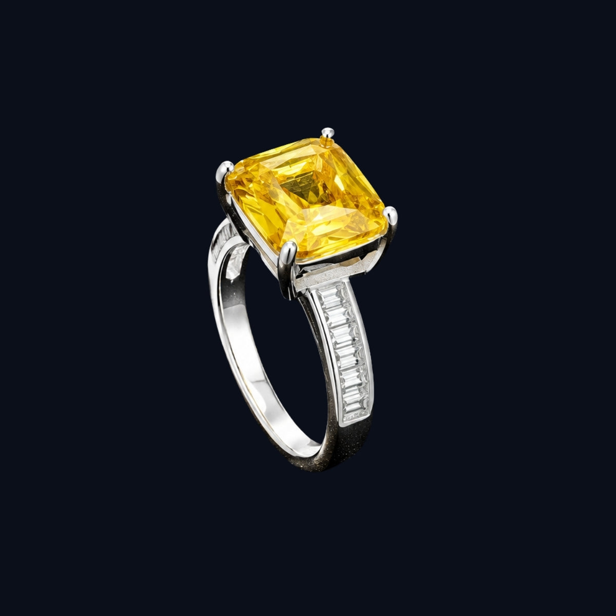 Silver Yellow CZ Baguette Ring