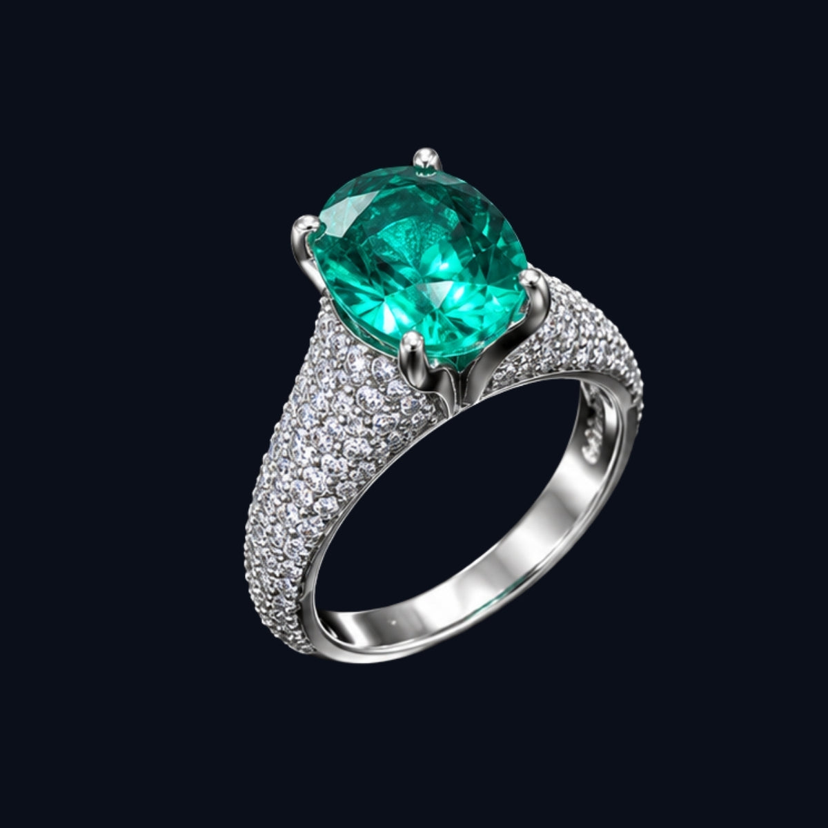 Silver Green CZ Pave Solitaire Ring