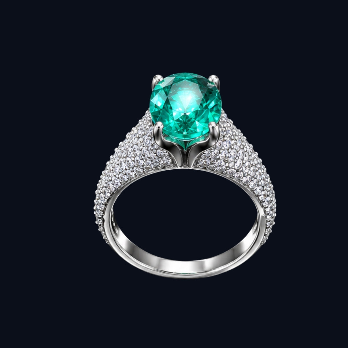 Silver Green CZ Pave Solitaire Ring