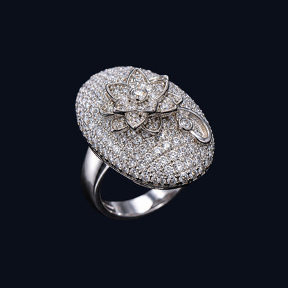 Oval CZ Ring with Floral Motif