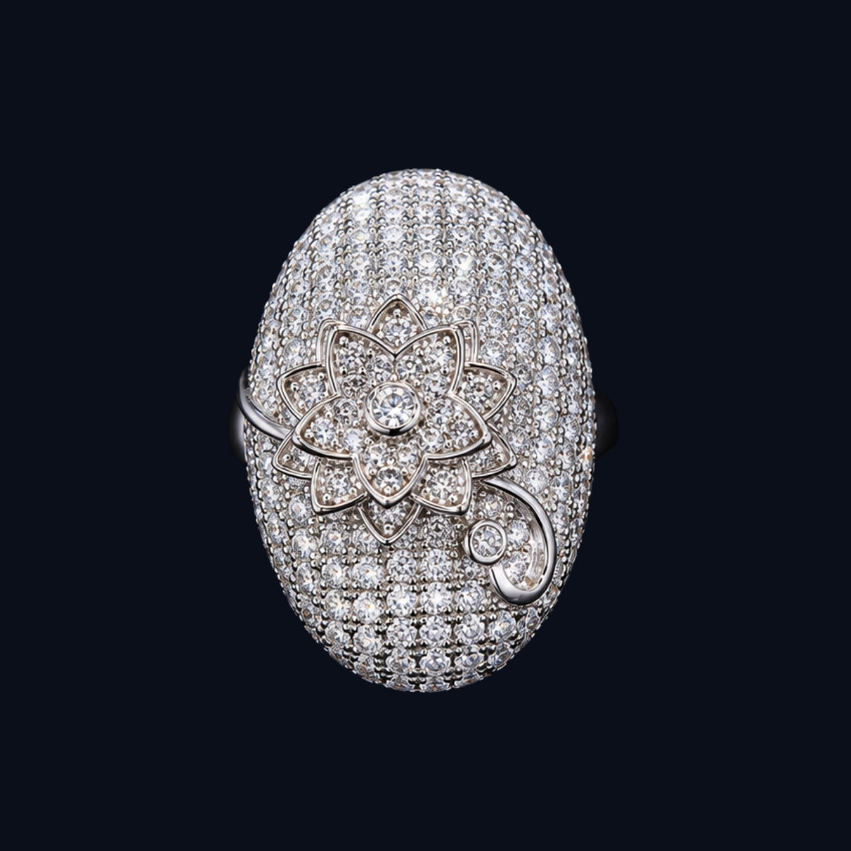 Oval CZ Ring with Floral Motif