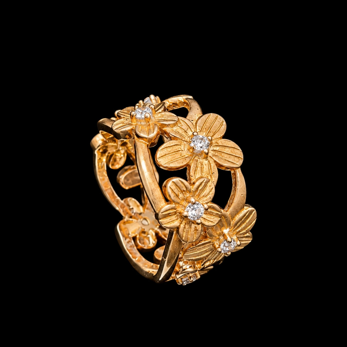 Gold Tone CZ Ring with Floral Motif