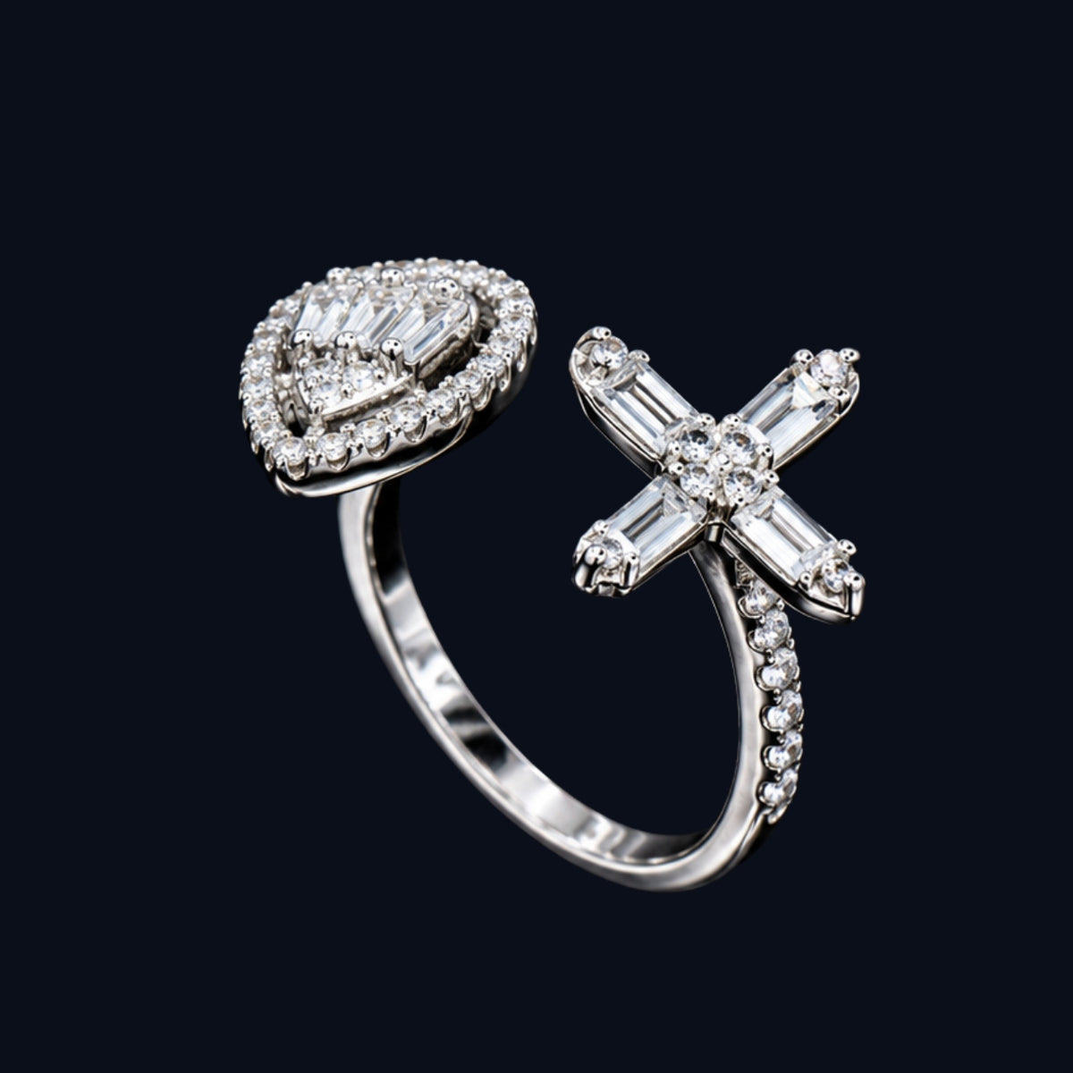 Silver Heart and Cross CZ Ring