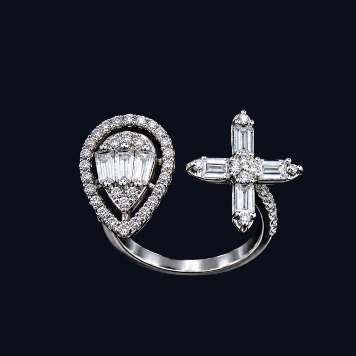 Silver Heart and Cross CZ Ring