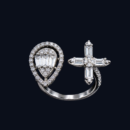 Silver Heart and Cross CZ Ring