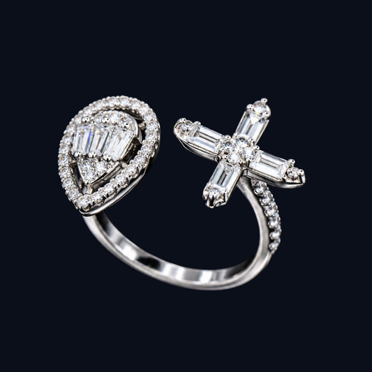 Silver Heart and Cross CZ Ring