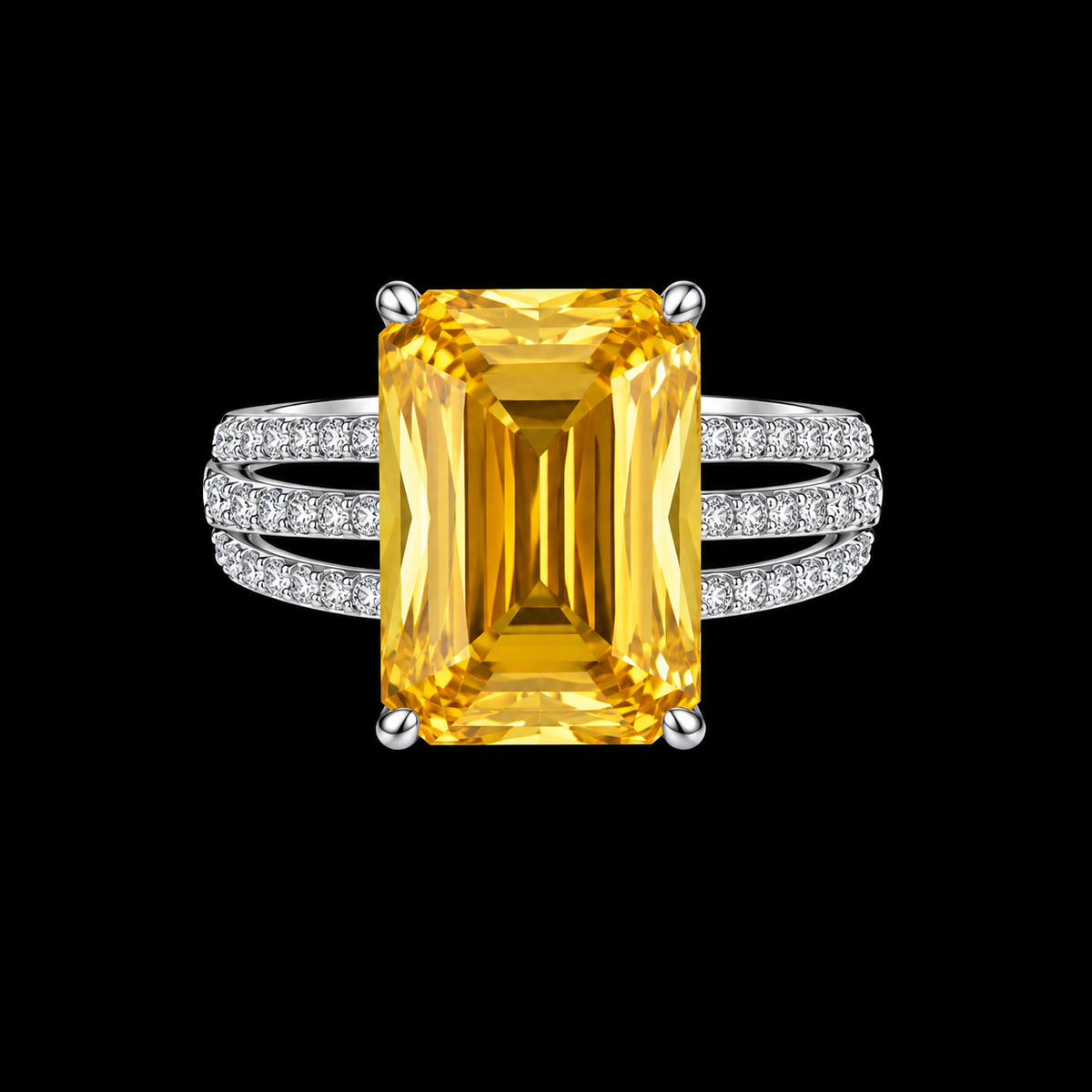 Silver Yellow CZ Triple Pave Ring