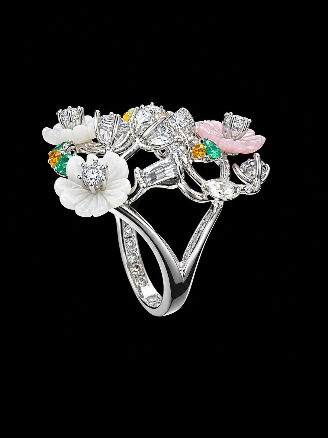Floral Ring with CZ Stones and Enamel Work