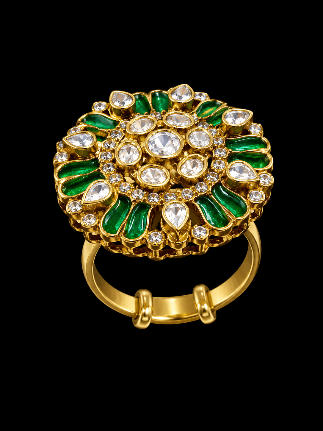 Floral Gold Ring with Green Enamel and CZ Stones
