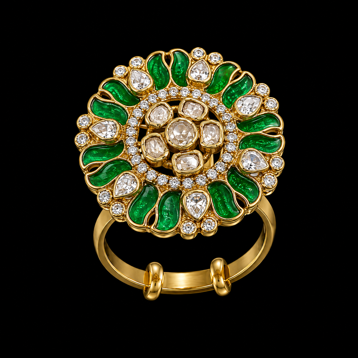 Floral Gold Ring with Green Enamel and CZ Stones